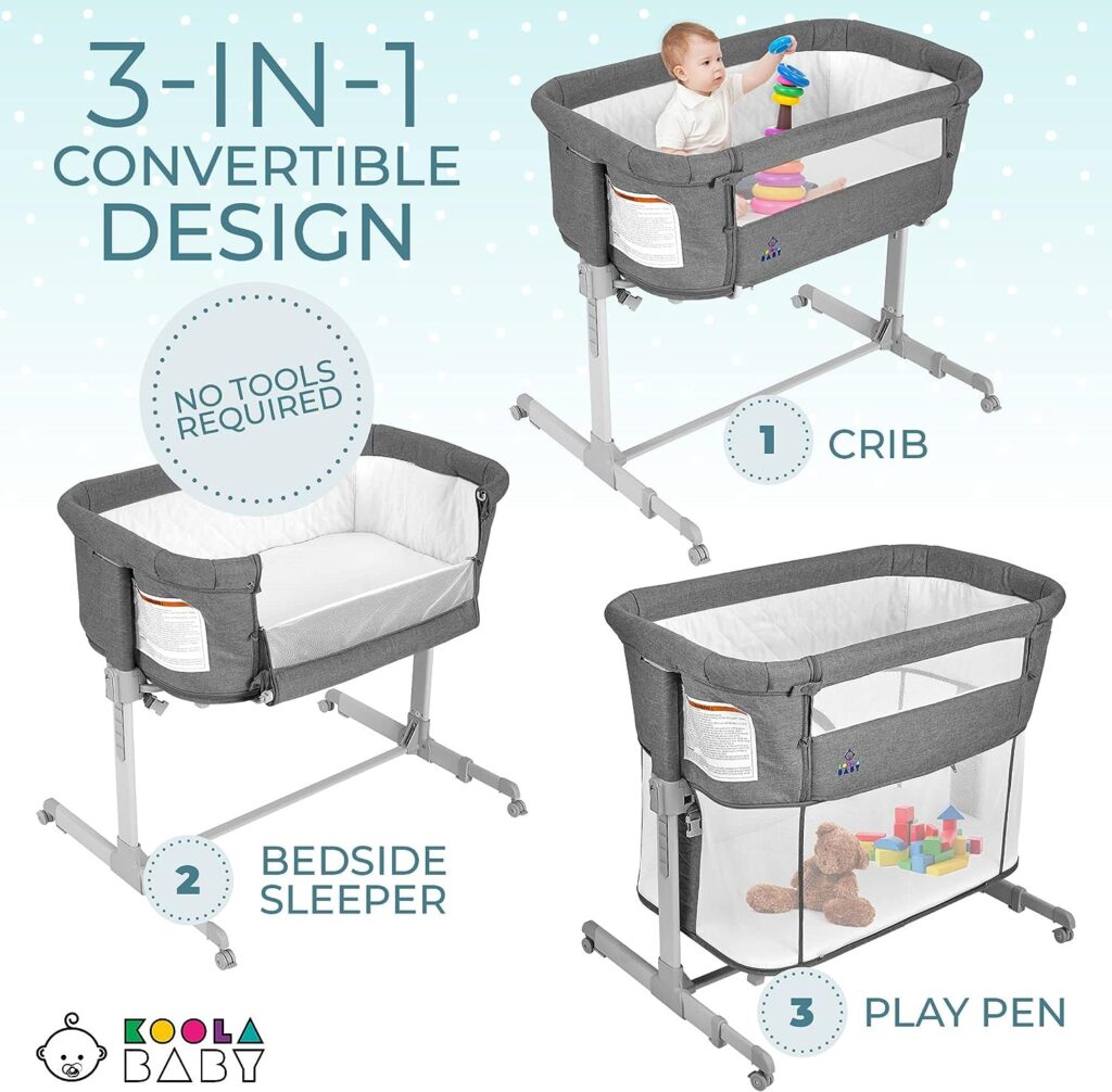 3 in 1 Baby Bassinet, Bedside Sleeper,  Playpen, Easy Folding Portable Crib (Grey)- KoolaBaby (Bassinet)