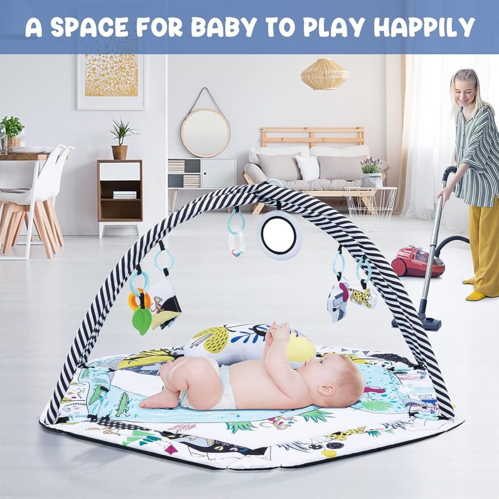 4-in-1 Baby Play Gym Mat, Tummy Time Activity Mat with 7 Detachable Toys for Stage-Based Sensory and Motor Skill Development, Baby Play Mats for Floor, Pet Cushion, Washable