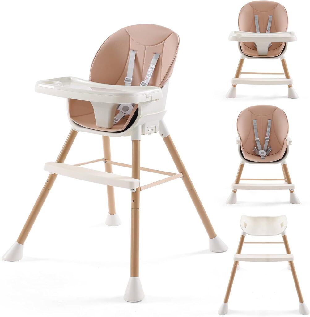 4-in-1 Convertible High Chairs for Babies and Toddlers, Xhakchik Baby High Chair Girl/Boy, Pink Highchair for Baby with Adjustable Function, Removable Tray, Pu Mat and 5-Point Harness (Soybean Powder)