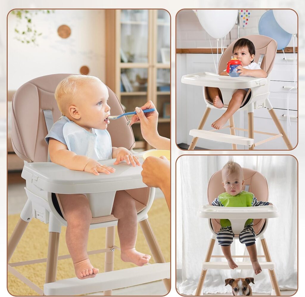 4-in-1 Convertible High Chairs for Babies and Toddlers, Xhakchik Baby High Chair Girl/Boy, Pink Highchair for Baby with Adjustable Function, Removable Tray, Pu Mat and 5-Point Harness (Soybean Powder)