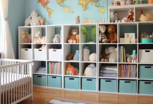 A serene and organized baby room showcasing labeled storage bins and shelves, ensuring every baby item has its designated place.