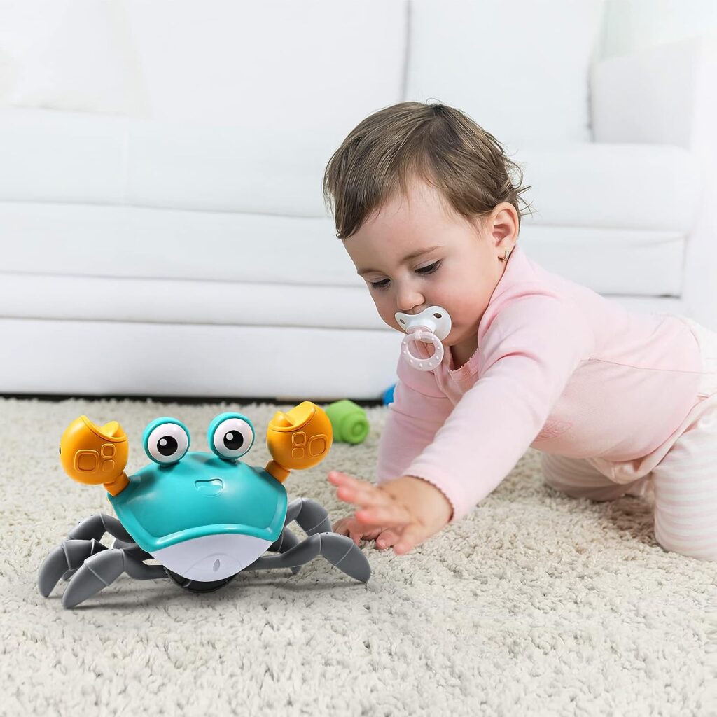 Aprilwolf Escape Crawling Crab, Tummy Time Baby Toys, Sensing Interactive Walking Dancing Toy with Music Sounds  Lights, Infant Fun Birthday Gift Toddler Boy Girl Pet Dog（Rechargable）