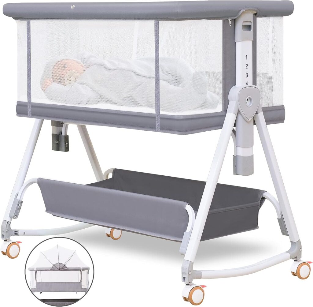 Baby Bassinet Bedside Sleeper for Baby with Wheels and Storage Basket ,All Mesh Portable Bedside Bassinet Co Sleeper for Newborn /Infant,7 Height Adjustable Easy to Assemble Bedside Crib（3 in 1，Grey）