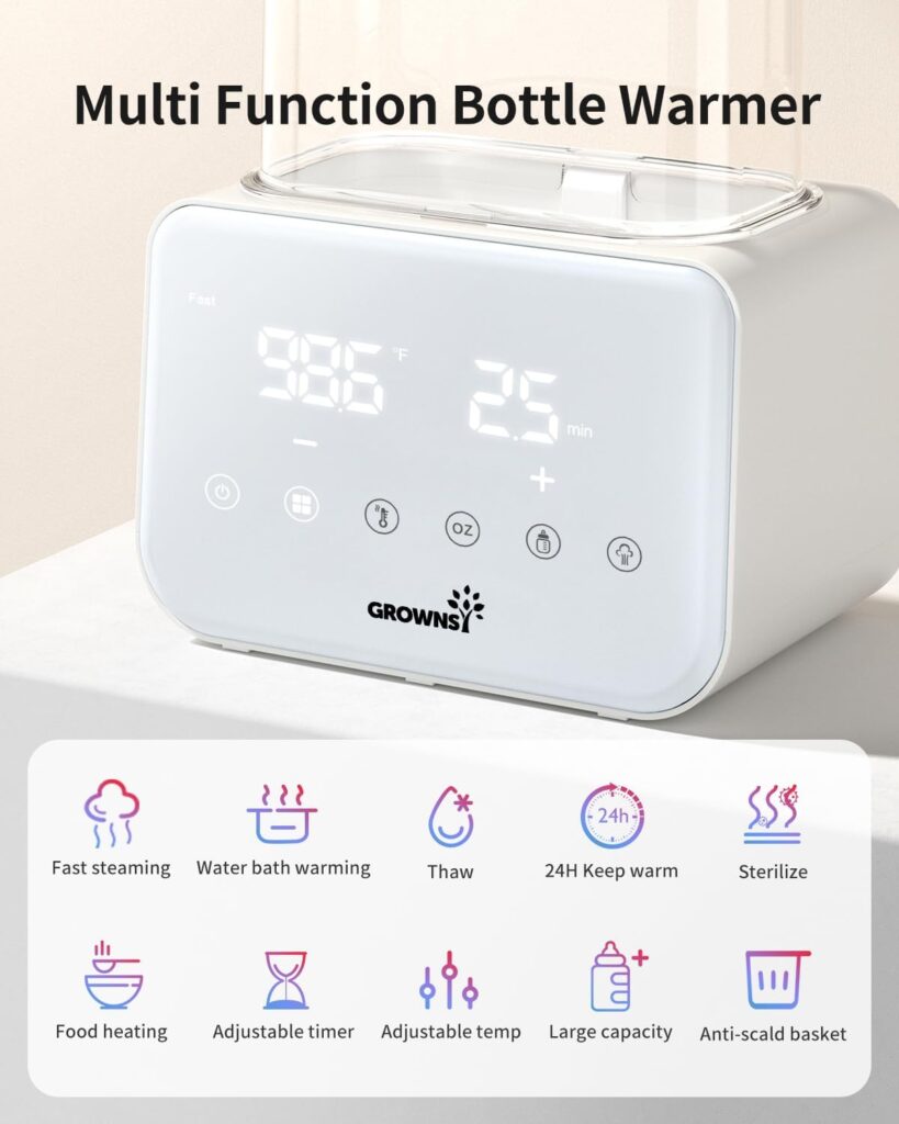 Baby Bottle Warmer, Grownsy 10-in-1 Fast Bottle Warmer Accurate Tem Control, with LCD Display, Timer, Defrost, Sterili-zing, Keep 24H, Double Bottle Warmer for Breastmilk Formula, Heat Baby Food Jars