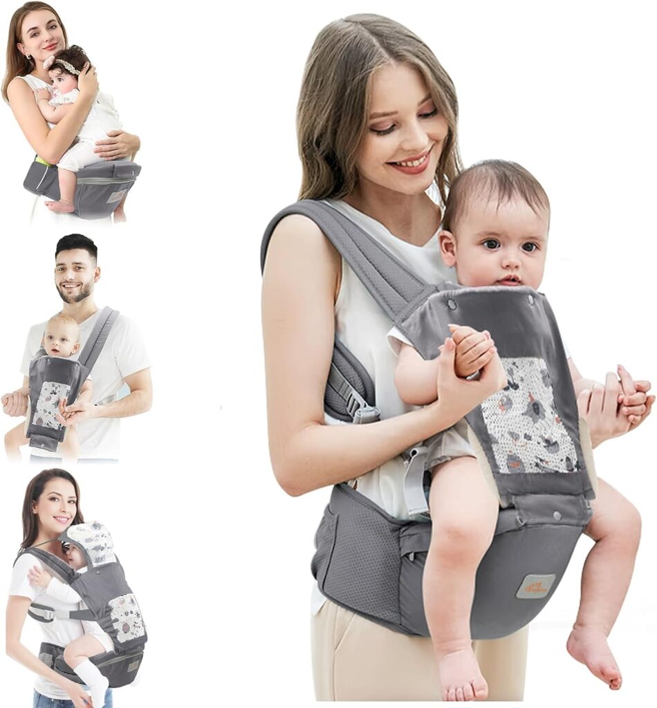 Baby Carrier Newborn to Toddler, Mumgaroo Ergonomic 6-in-1 Baby Carrier with Hip Seat Complete All Seasons, Adjustable  Removable Baby Holder Backpack with Baby Hood 0-36 Months (Grey)