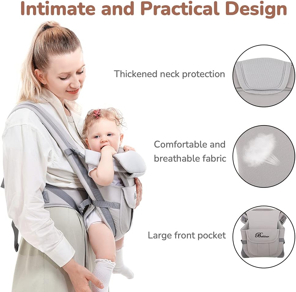 Baby Carrier, SpringBuds 4-in-1 Ergonomic Backpack Baby Wrap Carrier Front and Back for Newborns to Toddlers with Head Support (Grey)