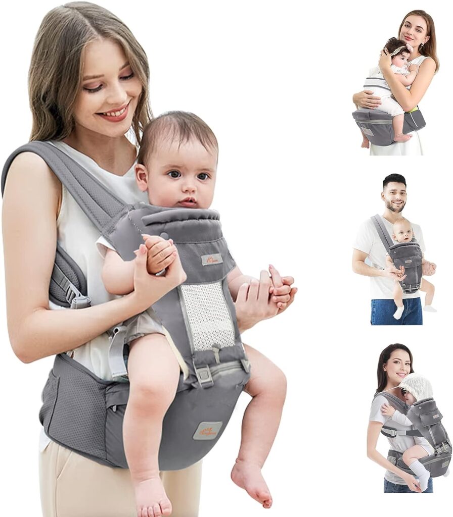 Baby Carrier with Hip Seat, Mumgaroo Baby Carrier Newborn to Toddler All Seasons  All Position Hip Baby Carrier with Hood  Extra Safety Belt, Baby Holder Carrier for Breastfeeding, Infant  Toddler