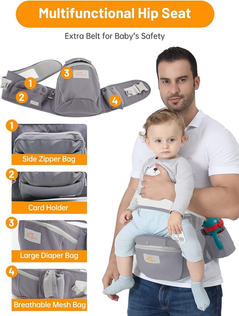 Baby Carrier with Hip Seat, Mumgaroo Baby Carrier Newborn to Toddler All Seasons  All Position Hip Baby Carrier with Hood  Extra Safety Belt, Baby Holder Carrier for Breastfeeding, Infant  Toddler