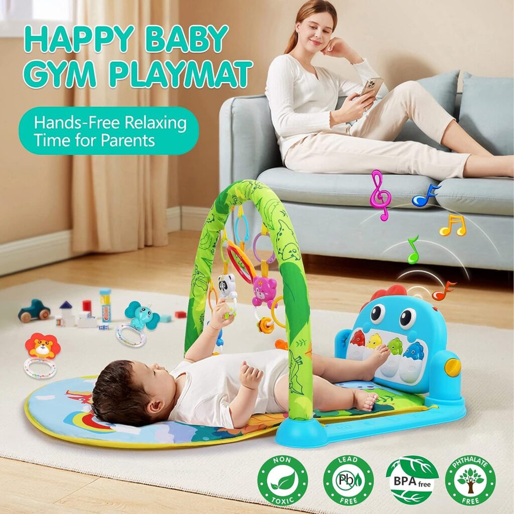 Baby Gym Play Mats Baby Toys Tummy Time Mat Toys Musical Activity Center for Newborn Infant Toys Piano Baby Play Mat Music  Light Newborn Infant Gifts for Baby Toys 0-3 6 9 12 Months, Dinosaur Style
