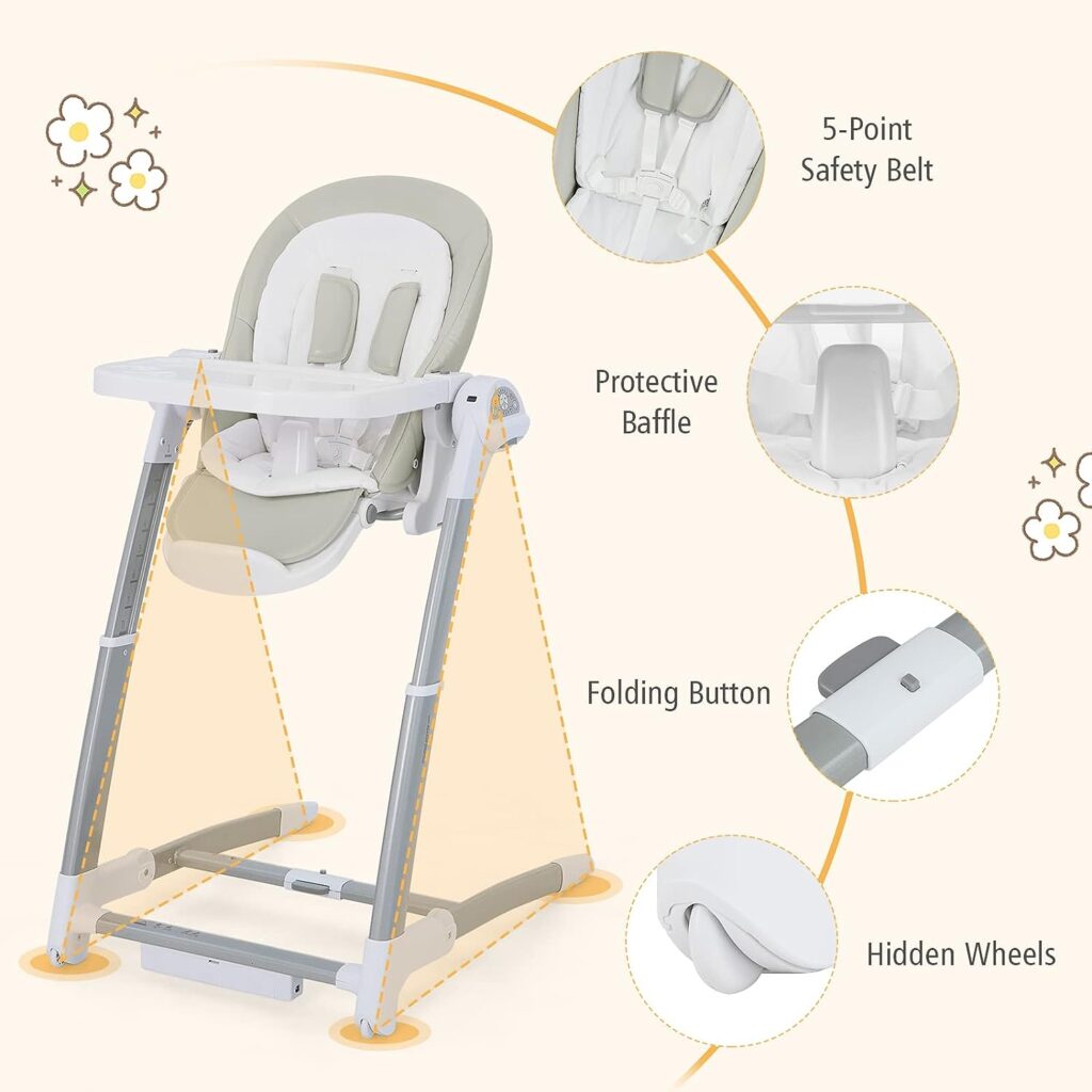 BABY JOY Baby Swings for Infants, 3 in 1 Foldable High Chair w/ 8 Adjustable Height, 5-Position Backrest, 3 Timer Settings, 12 Melodies and 5 Natural Sounds, Booster Seat for Dining Table (Gray)