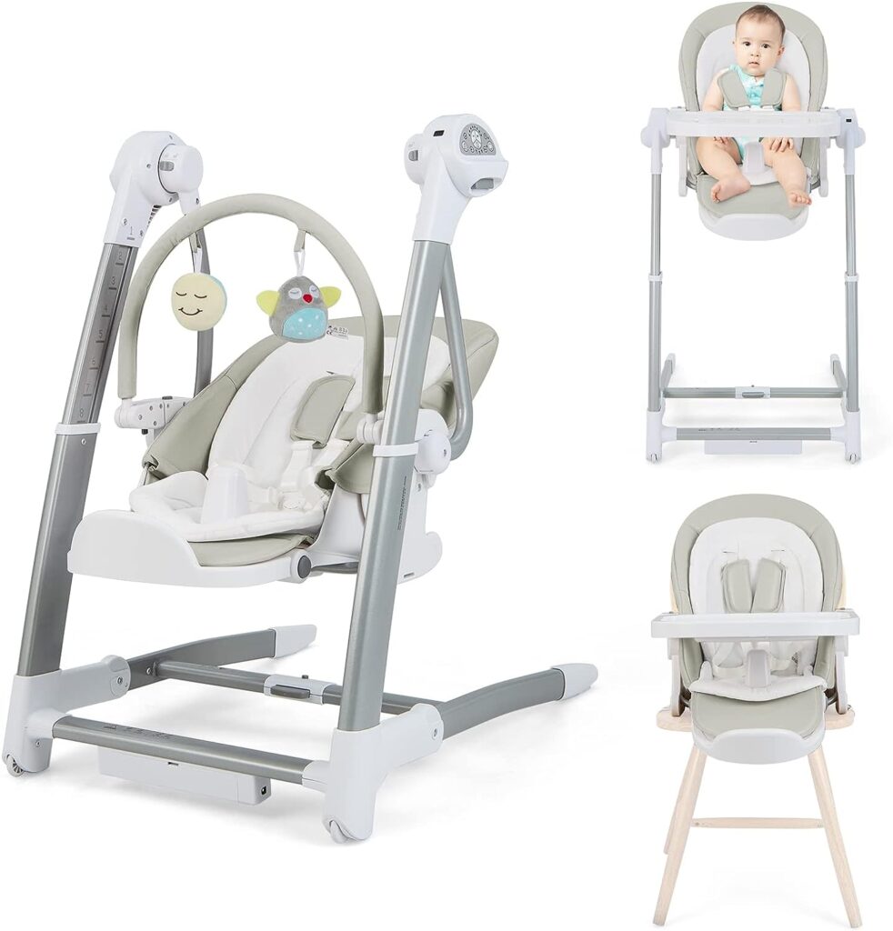 BABY JOY Baby Swings for Infants, 3 in 1 Foldable High Chair w/ 8 Adjustable Height, 5-Position Backrest, 3 Timer Settings, 12 Melodies and 5 Natural Sounds, Booster Seat for Dining Table (Gray)