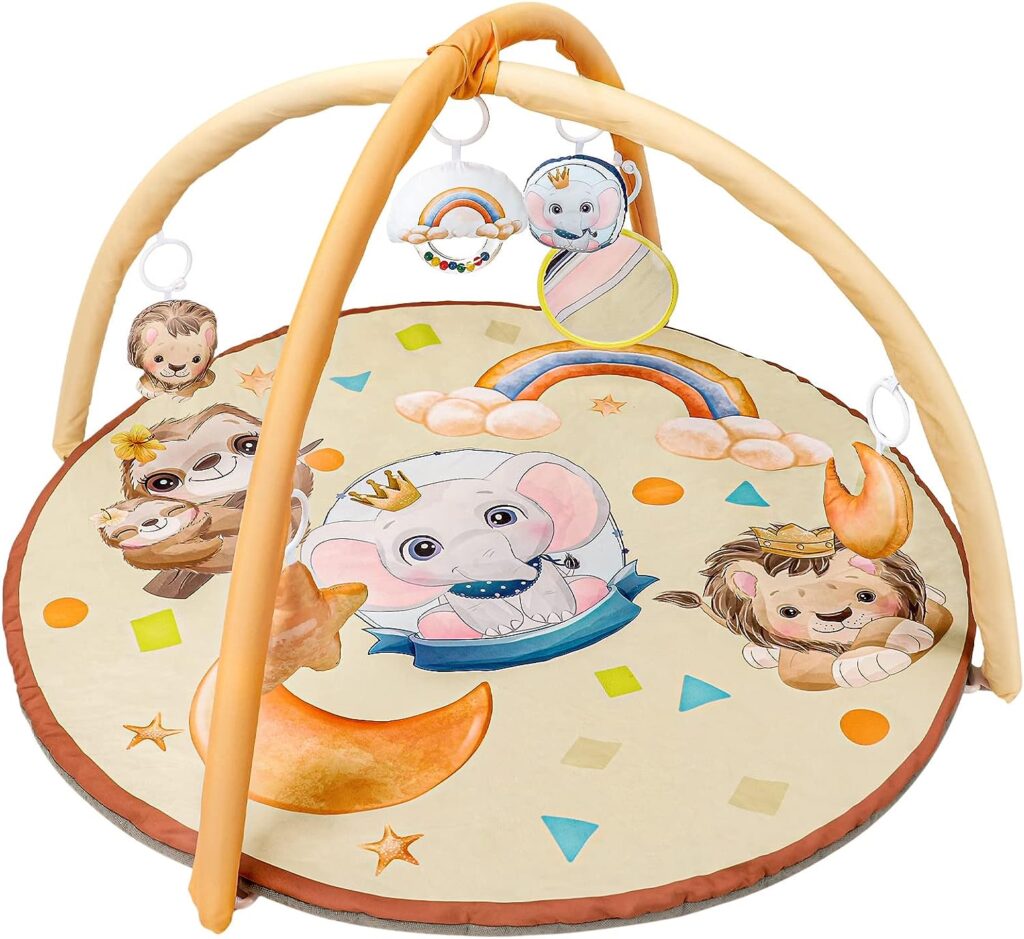 Baby Play Mat Activity Gym, Stage-Based Sensory and Motor Skill Development Language Discovery Baby Play Gym for Newborn, Thicker Non Slip Design with 6 Toys