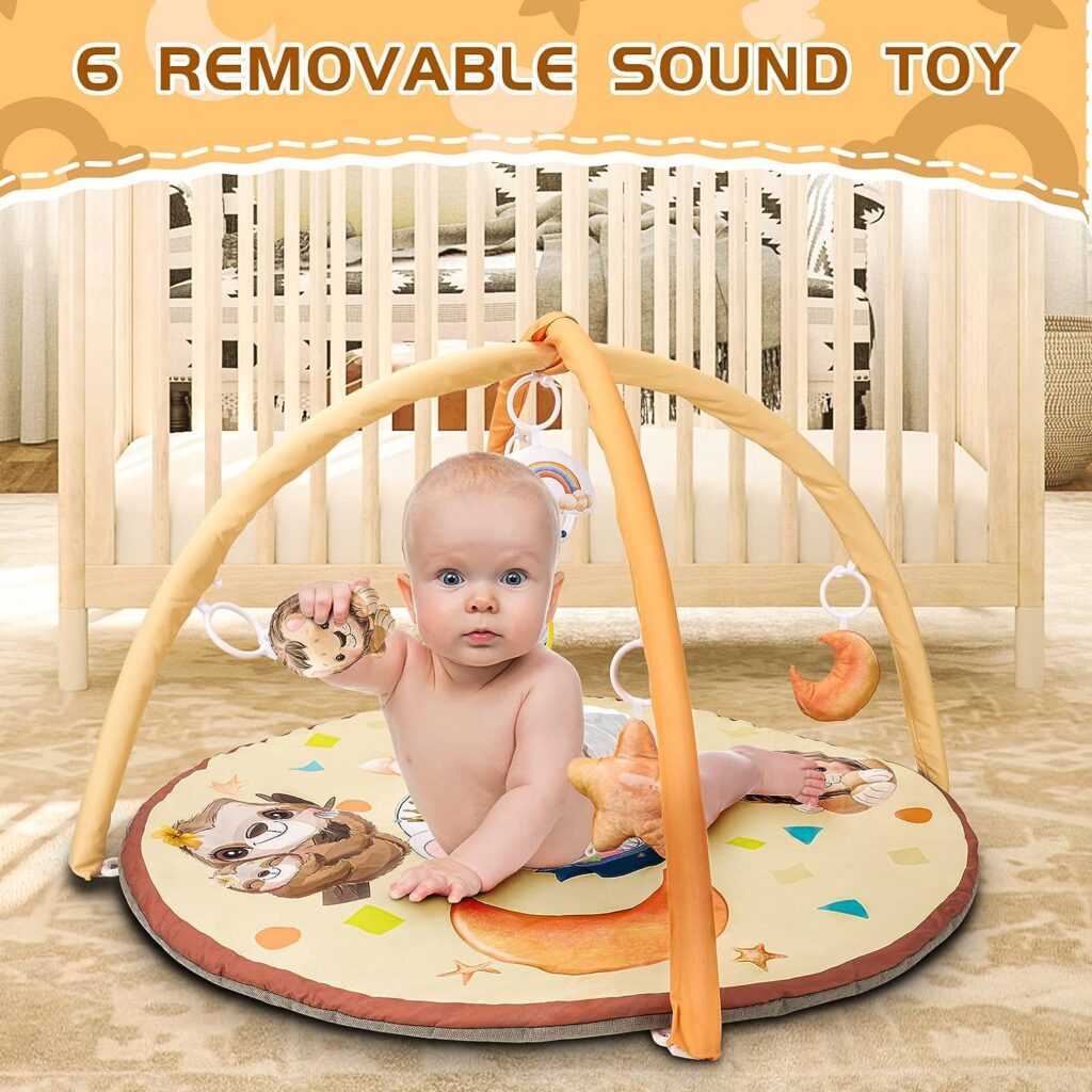 Baby Play Mat Activity Gym, Stage-Based Sensory and Motor Skill Development Language Discovery Baby Play Gym for Newborn, Thicker Non Slip Design with 6 Toys