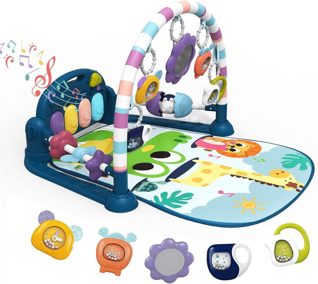 Baby Play Mat Baby Gym,Funny Play Piano Tummy Time Baby Activity Gym Mat with 5 Infant Learning Sensory Baby Toys, Music and Lights Boy  Girl Gifts for Newborn Baby 0 to 3 6 9 12 Months（New Blue）