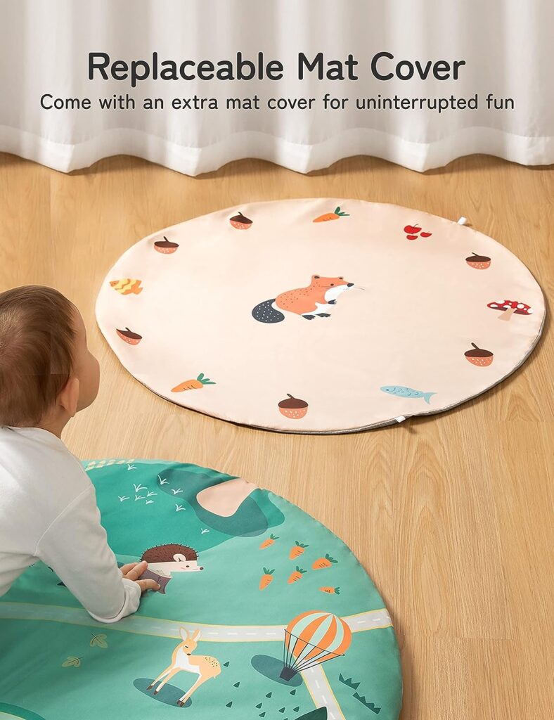 Baby Play Mat, Besrey 7 in 1 Thicker Baby Play Gym, 5 Zoo Theme Developmental Toys Activity Gym Mat, 2 Replaceable Washable Mat Cover, Soft Pillow  Cushion, Tummy Time Mat for Toddler Infant Newborn