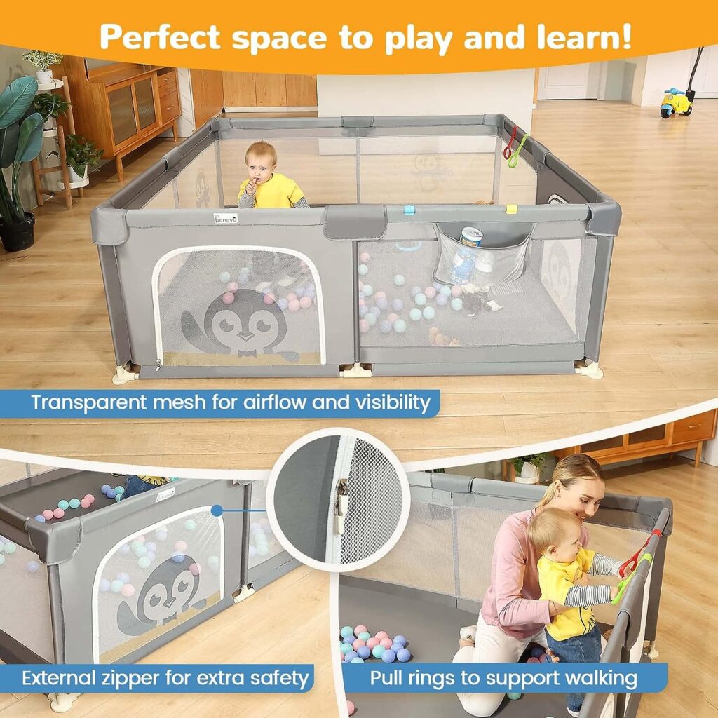 Baby Playpen for Babies and Toddlers, 71 x 59 inch Baby Play Yards, Kids Play Pen for Indoor  Outdoor, Extra Large Baby Playpen, Portable Toddler Play Yard with Carrying Bag, Anti-Slip Base (Gray)