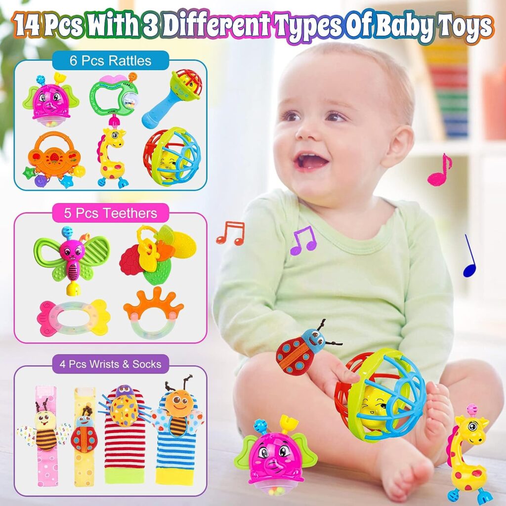 Baby Rattles 0-6 Months - 14 Pcs Baby Rattle Toys Set Infant Toys for 0-3 Months Baby Toys 3-6 Months Newborn Toys with Teething and Wrist Socks Rattle for 0 1 2 3 4 5 6 7 10 12 Month Babies Boy Girl