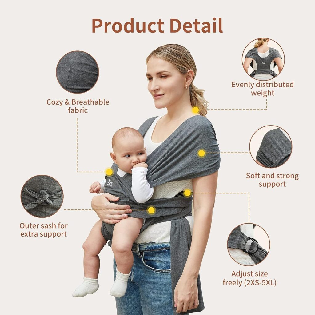 Baby Wraps Carrier, Baby Sling Newborn to Toddler, Breathable and Hands Free Baby Carrier Sling, Adjustable Baby Carriers (Grey)