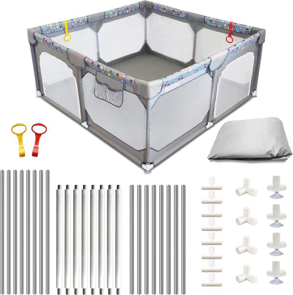 BCCPL Baby playpen with Gates,Detachable Toddler Play Yard,47x47 Childrens Fence,Indoor Babies Enclosure,Small Enclosure for Kids, Infant Care Play pin, (Light Grey)