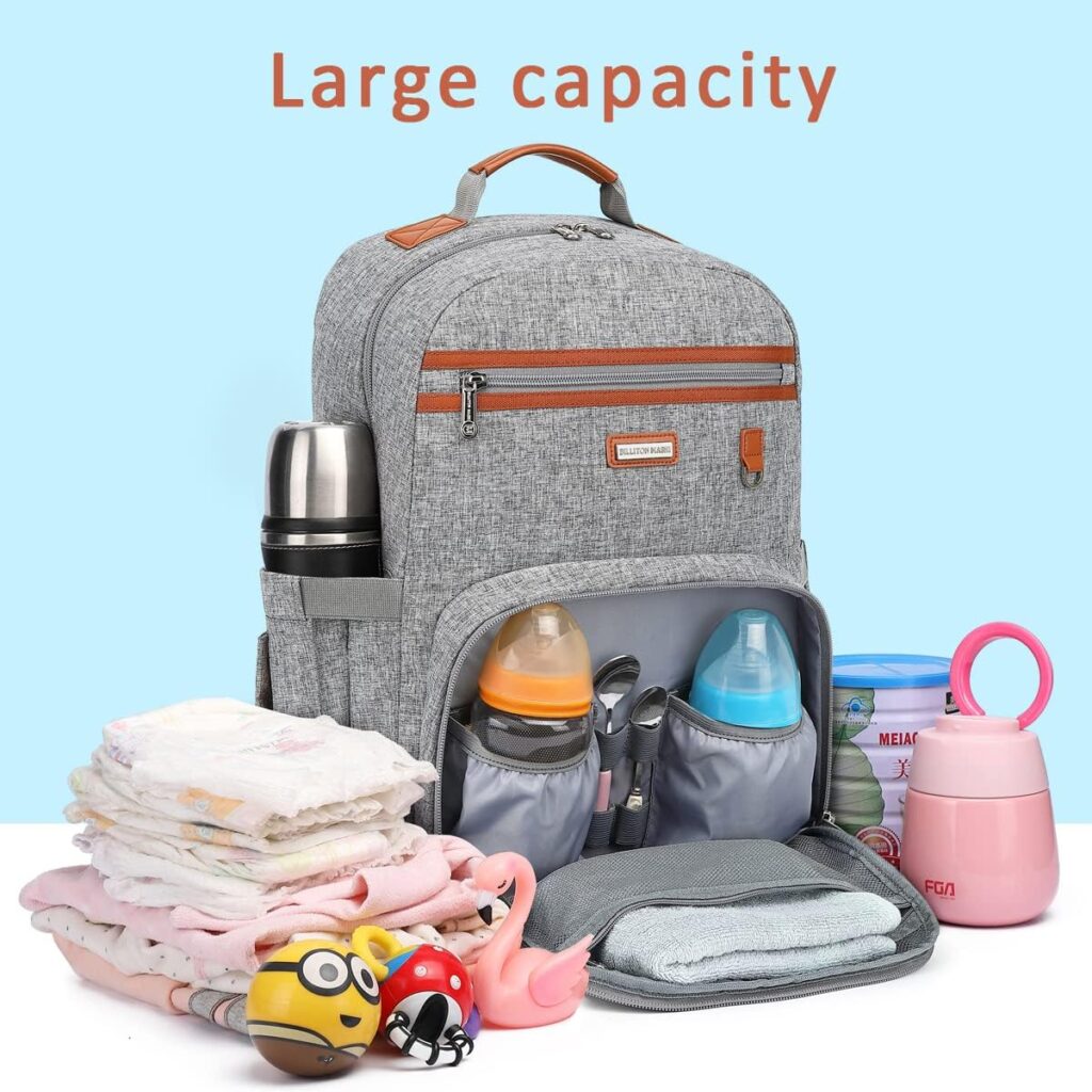 BILLITON MASHI Diaper Bag Backpack, Large Baby Nappy Bags with Portable Changing Pad for Boys and GirlsMultifunction Travel Baby Bag for Moms Dads, Shower Gifts Waterproof and Stylish， Grey
