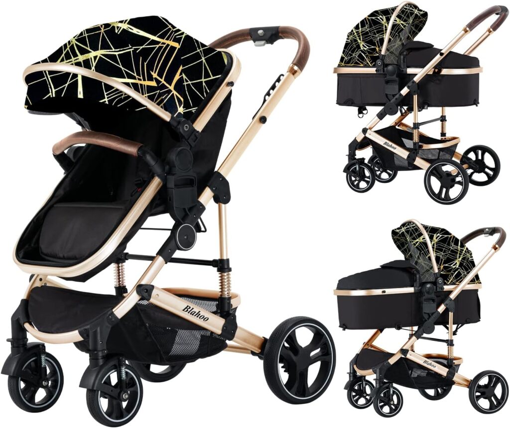 Blahoo Baby Stroller for Newborn, 2 in1 High Landscape Stroller, Foldable Aluminum Alloy Pushchair with Adjustable Backrest. Bassinet Stroller Gray