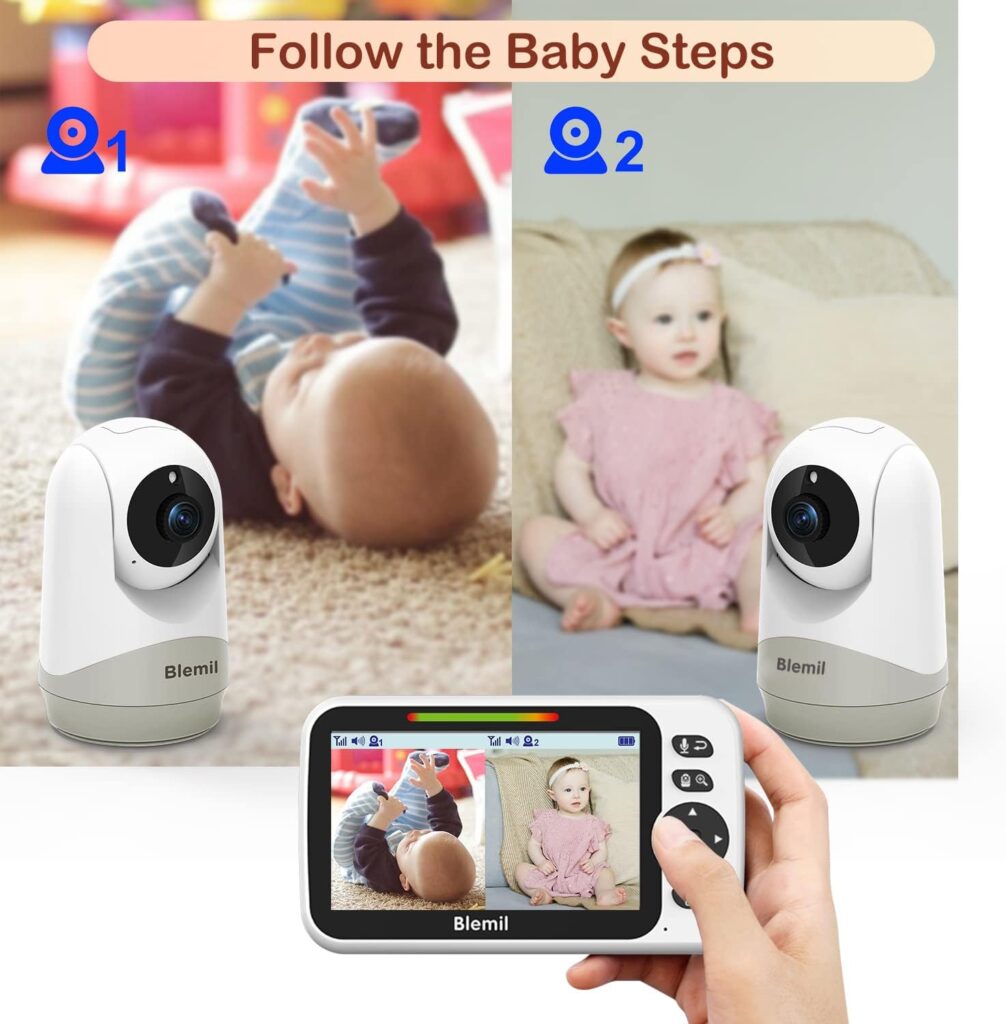 Blemil Baby Monitor,5 Large Split-Screen Video Baby Monitor with Cameras and Audio, Remote Pan/Tilt/Zoom, Two-Way Talk, Room Temperature Monitor, Auto Night Vision, Power Saving/Vox, Lullabies