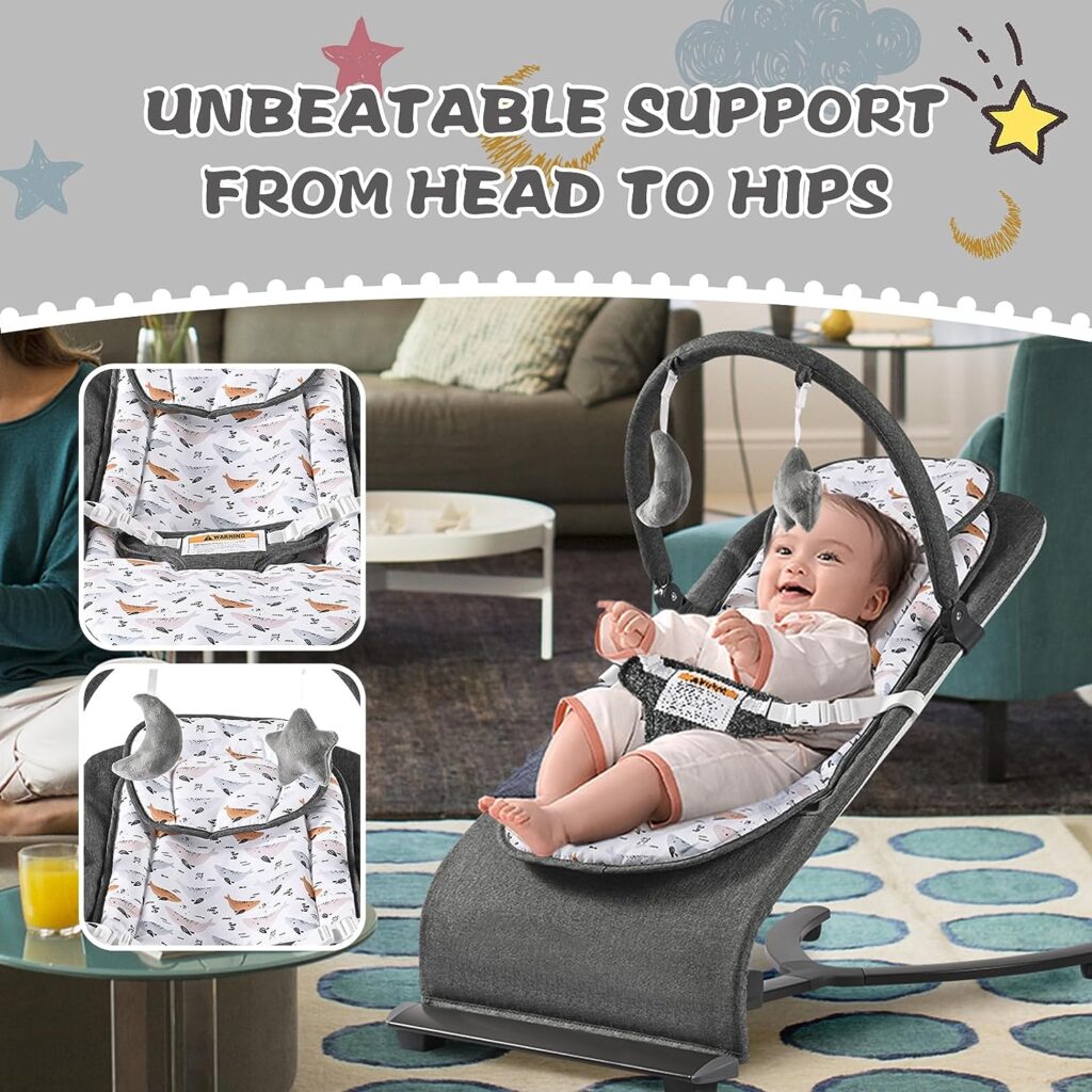 Bouncer for Babies 0-6 Months, Portable Bouncer for Baby,Baby Bouncers for Infants with 3-Point Harness Grey