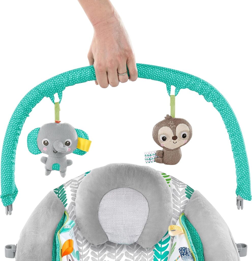 Bright Starts Comfy Baby Bouncer Soothing Vibrations Infant Seat - Taggies, Music, Removable Toy Bar, 0-6 Months Up to 20 lbs (Jungle Vines)