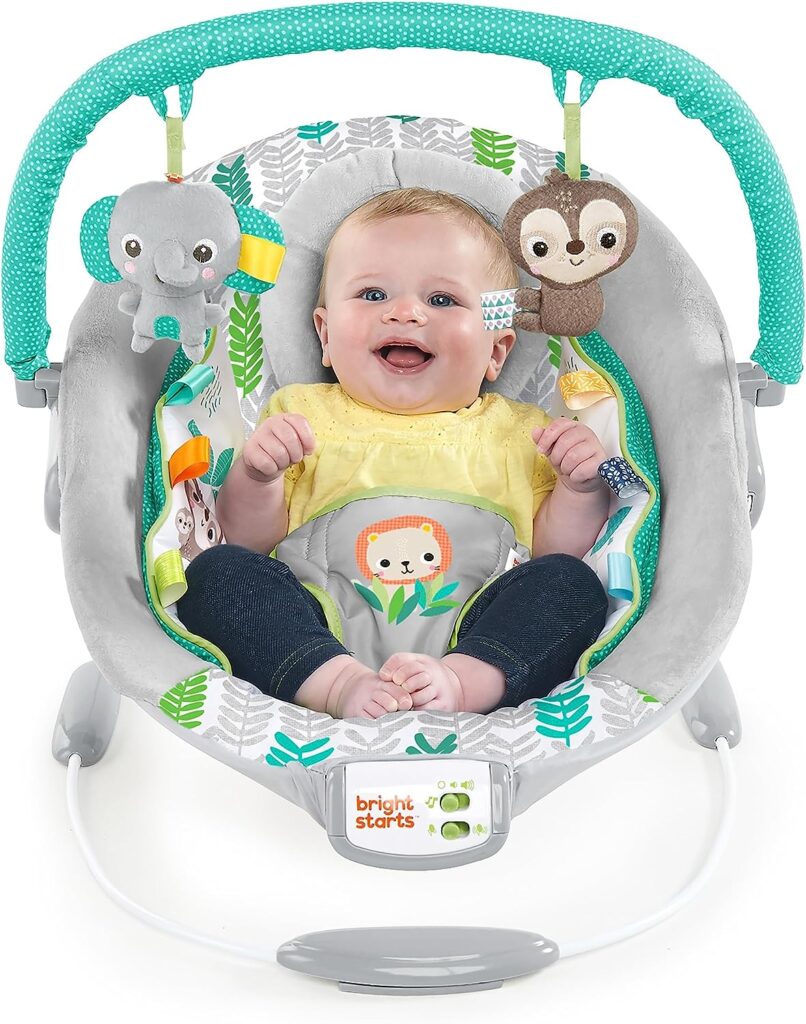 Bright Starts Comfy Baby Bouncer Soothing Vibrations Infant Seat - Taggies, Music, Removable Toy Bar, 0-6 Months Up to 20 lbs (Jungle Vines)