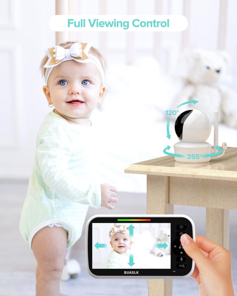 BUASLK Baby Monitor with Camera and Audio, 5 Screen Video Baby Monitor with Temperature Sensor, Two Way Talk and Remote pan-tilt-Zoom Camera, Night Vision and 960ft Range.