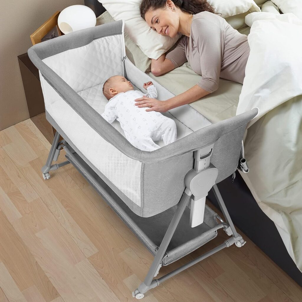 Cowiewie Baby Bassinet, Beside Sleeper for Baby Easy Folding Bedside Bassinet with Storage Basket and Wheels to Reduce Moms Fatigue (Dark Grey) 2023 New