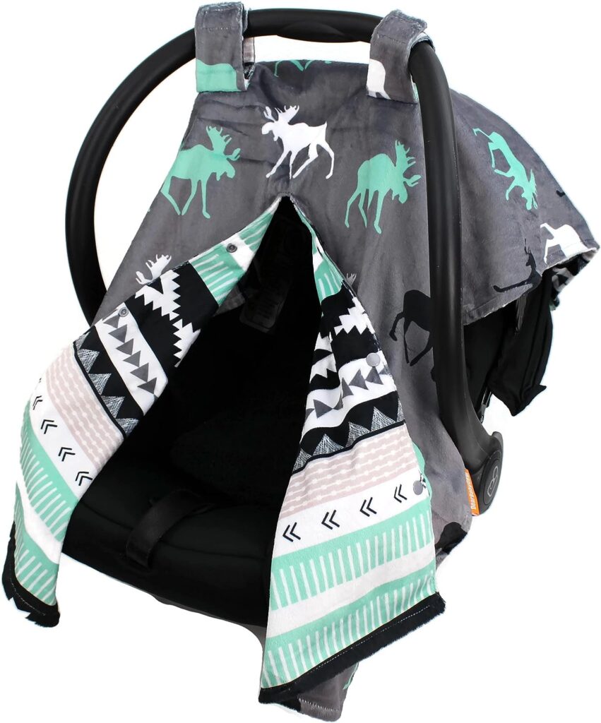 Dear Baby Gear Deluxe Car Seat Canopy - Infant Car Seat Cover - Baby Car Seat Covers - Carseat Canopy for Infant Car Seats - Car Seat Cover (Reversible Black, Grey, Mint Moose, Aztec Minky 40x30)