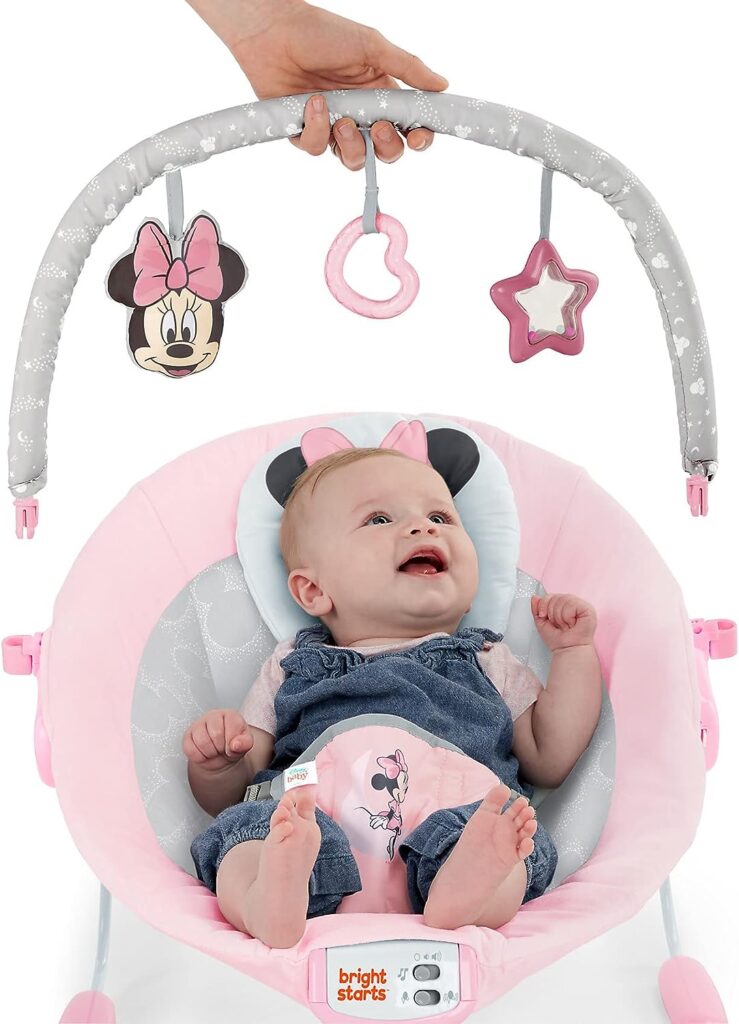 Disney Baby MINNIE MOUSE Comfy Baby Bouncer Soothing Vibrations Infant Seat - Music, Removable-Toy Bar, 0-6 Months Up to 20 lbs (Rosy Skies)