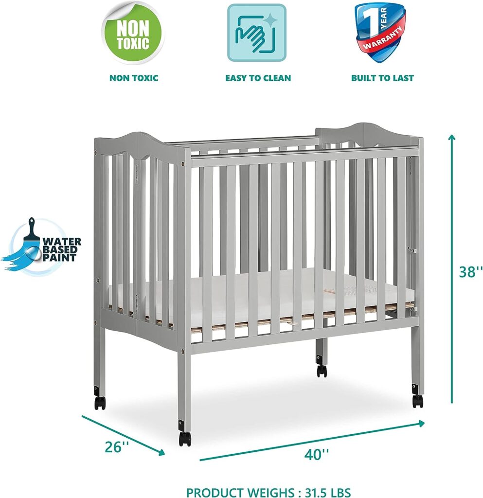 Dream On Me 2-in-1 Lightweight Folding Portable Stationary Side Crib in Pebble Grey, Greenguard Gold Certified, Baby Crib to Playpen, Folds Flat for Storage, Locking Wheels