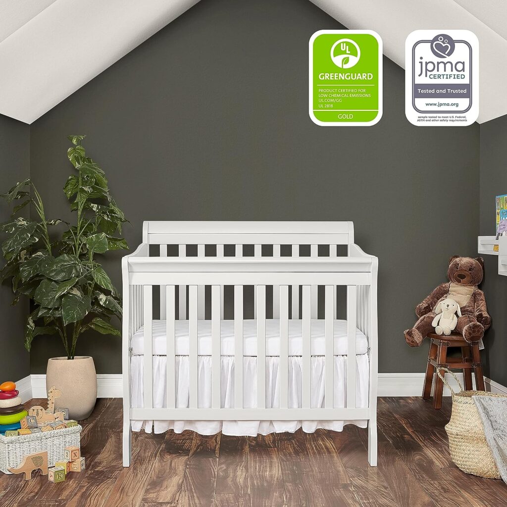 Dream On Me Aden 4-in-1 Convertible Mini Crib In White, Greenguard Gold Certified, Non-Toxic Finish, New Zealand Pinewood, With 3 Mattress Height Settings