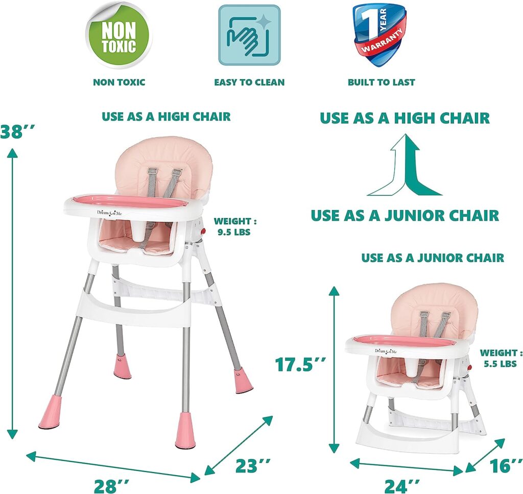 Dream On Me Portable 2-in-1 Tabletalk High Chair, Convertible Compact Light Weight Highchair, Pink