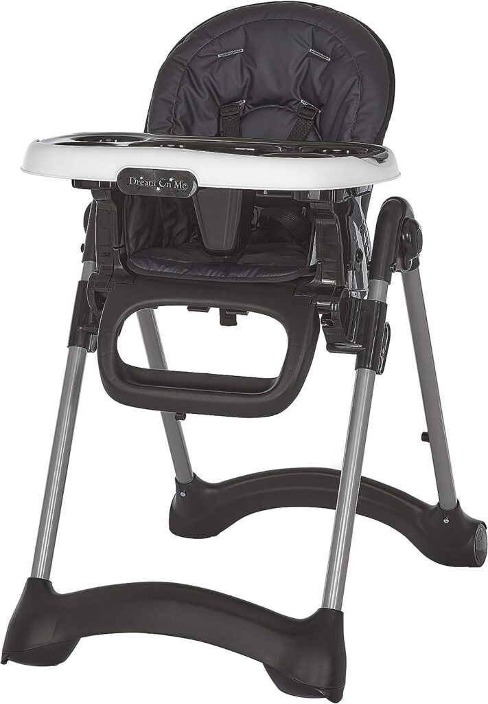 Dream On Me Solid Times High Chair for Babies and Toddlers in Black, Multiple Recline and Height Positions, Lightweight Portable Baby High Chair, 5 point Safety Harness, Easy to Clean Surface