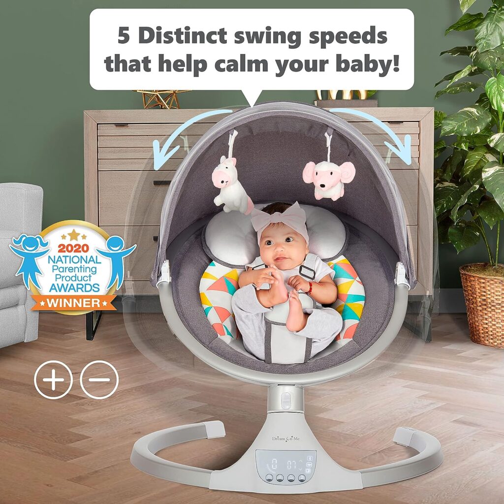 Dream On Me Zazu Baby Swing, Baby Swing for Infant, 5- Swinging Speed, Two Attached Toys, Bluetooth Enabled and Remote Control, Grey and Pink