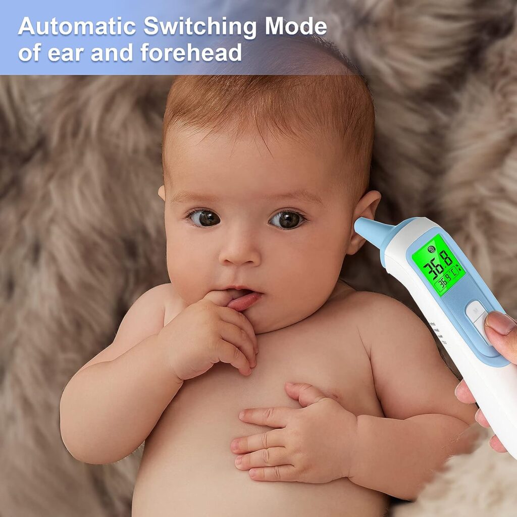Ear Thermometer for Baby, ELERA Infrared Thermometer with Automatic Switching Mode of Ear  Forehead, 1s Measurement, 4 Color Backlight Display with Fever Indicator