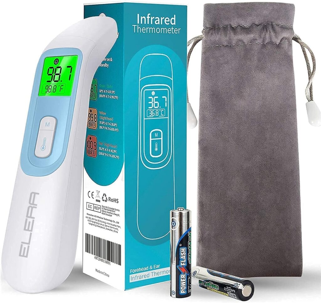 Ear Thermometer for Baby, ELERA Infrared Thermometer with Automatic Switching Mode of Ear  Forehead, 1s Measurement, 4 Color Backlight Display with Fever Indicator