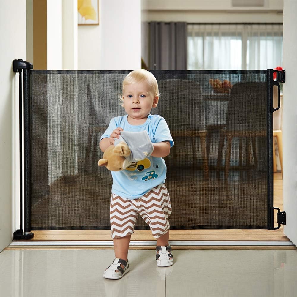 EasyBaby Retractable Baby Gate, 33 Tall, Extends up to 55 Wide, Black/Child Safety Baby Gates, Pet Retractable Gates for Stairs, Doorways, Hallways, Indoor and Outdoor