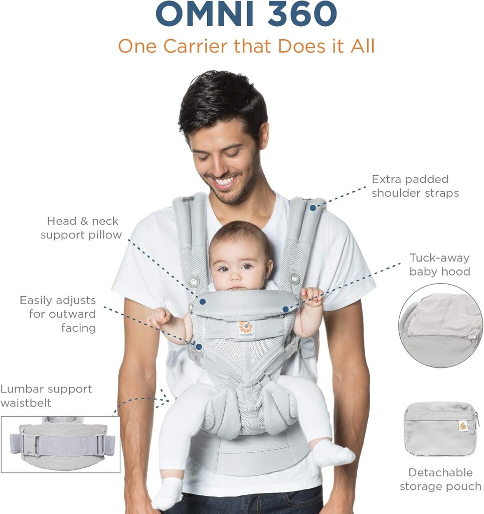 Ergobaby Omni 360 All-Position Baby Carrier for Newborn to Toddler with Lumbar Support  Cool Air Mesh (7-45 Lb), Pearl Grey