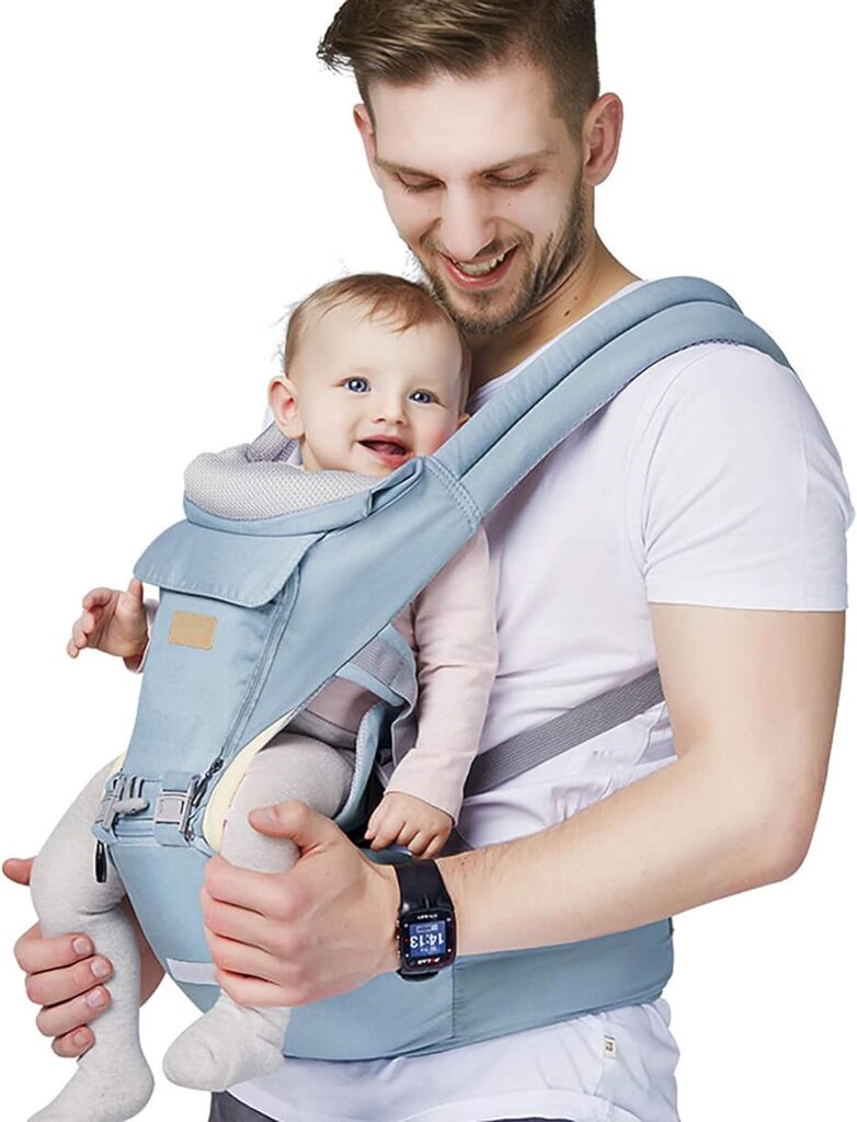 FRUITEAM 6-in-1 Baby Carrier with Waist Stool/Hip Seat for Breastfeeding, One Size Fits All - Adapt to Newborn, Infant  Toddler (Blue)
