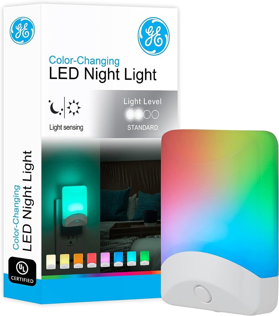 GE Color-Changing LED Night Light, 1 pack, Plug Into Wall, Dusk to Dawn Sensor, For bathroom, Childrens Room, Nursery, Safety Rated, White, 34693