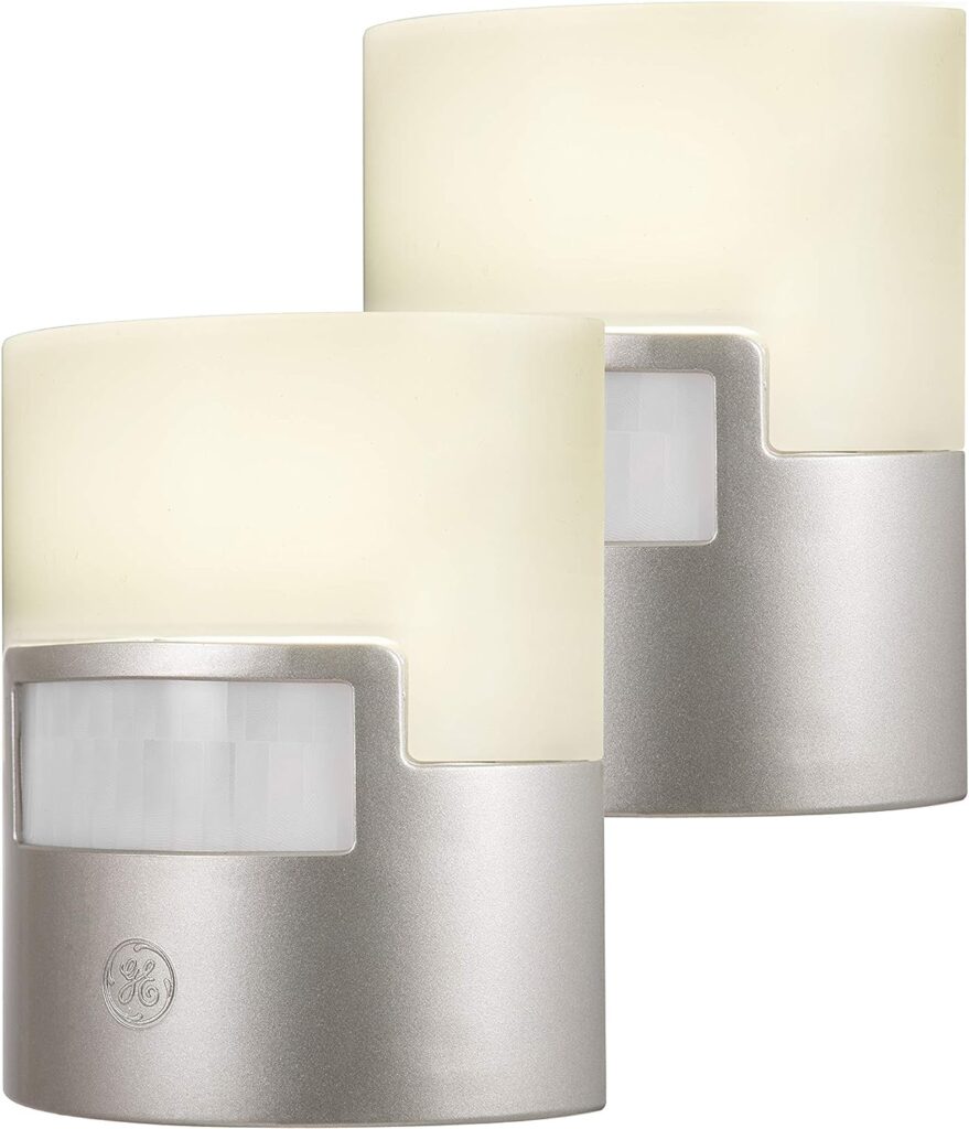 GE LED Motion Sensor Night Light, Plug into wall, 40 Lumens, Soft White, UL-Certified, Energy Efficient, Ideal Nightlight for Bedroom, Bathroom, Kitchen, Hallway, 46633, Silver, 2 Pack