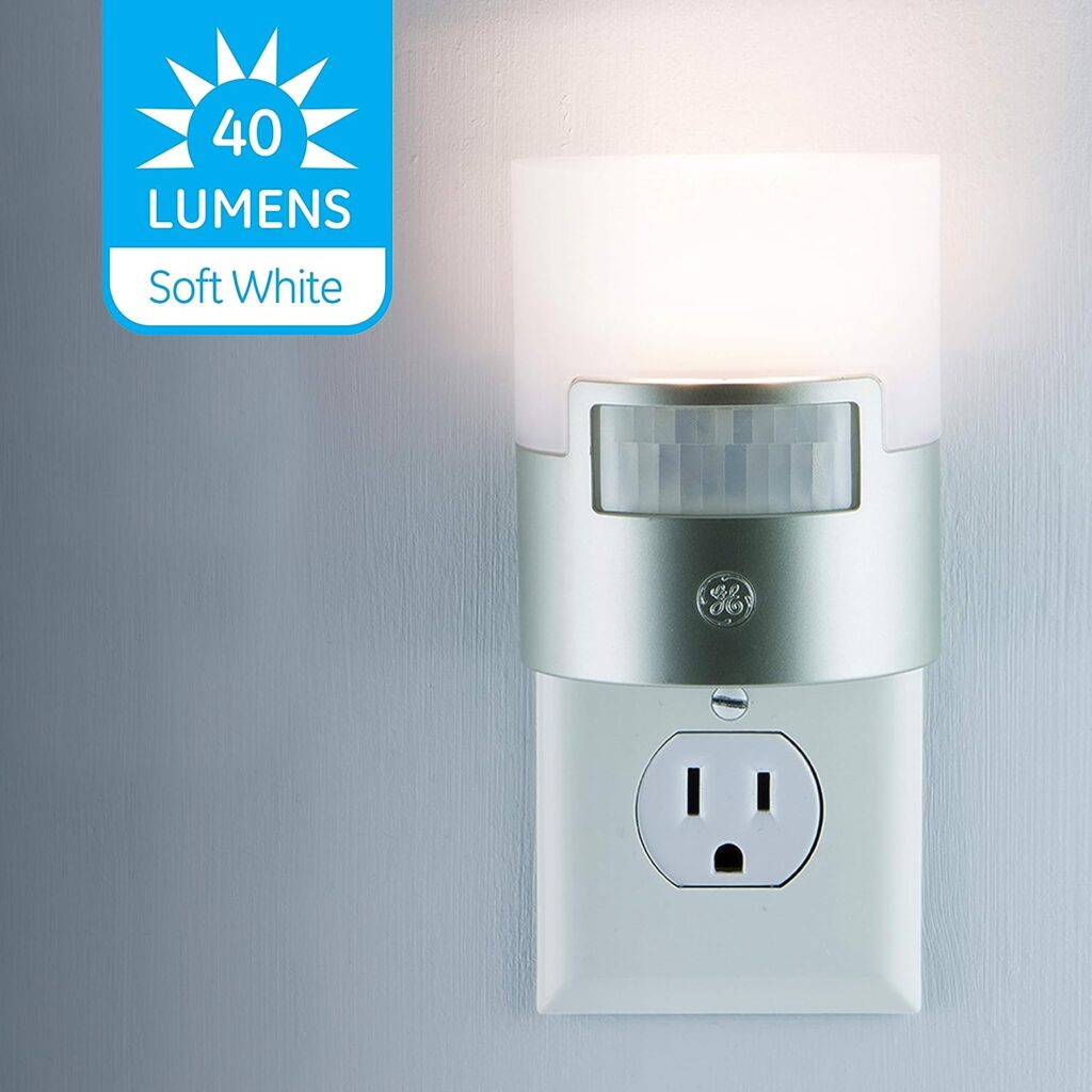 GE LED Motion Sensor Night Light, Plug into wall, 40 Lumens, Soft White, UL-Certified, Energy Efficient, Ideal Nightlight for Bedroom, Bathroom, Kitchen, Hallway, 46633, Silver, 2 Pack