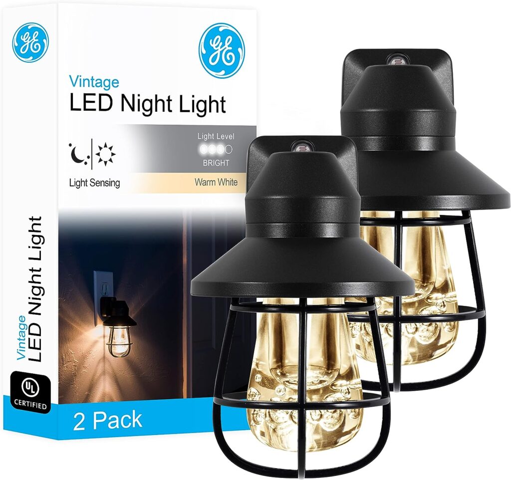 GE LED Vintage Night Light, Plug-in, Dusk-to-Dawn, Farmhouse, Rustic, Home Décor, UL-Certified, Ideal Nightlight for Bedroom, Bathroom, Kitchen, Hallway, 44737, Black, 2 Pack