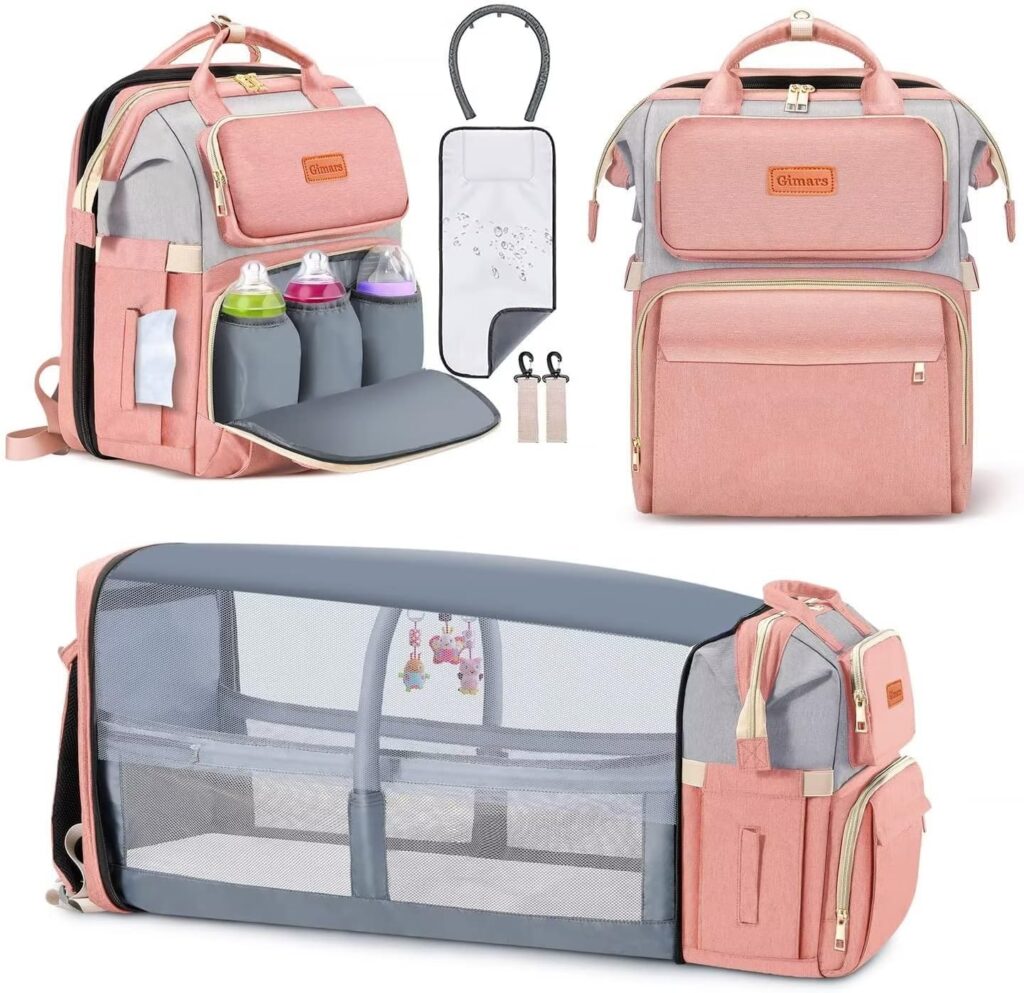 Gimars 5 in 1 Diaper Bag Backpack, Waterproof Diaper Bags for Travel with Insulated Milk Bottle Pocket, Large Capacity and Stroller Straps, Pink