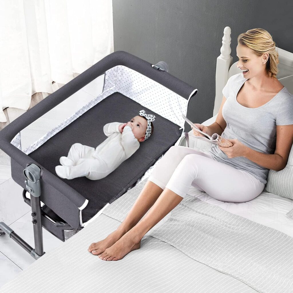 GoFirst Bedside Bassinet for Baby, Bedside Sleeper with Wheels, Heigt Adjustable, with Mosquito Nets, Large Storage Bag, for Infant/Baby/Newborn (Grey)
