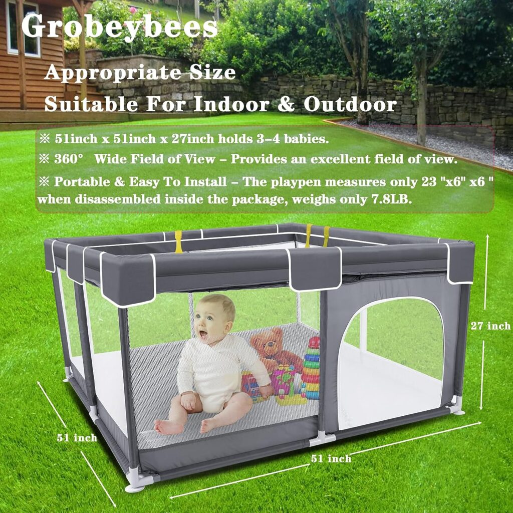 Grobeybees Baby Playpen for Toddler and Babies, Baby Playard, Indoor  Outdoor Kids Activity Center with Anti-Slip Base, Play Yard with Soft Breathable Mesh, Baby Fence Play Area(Grey)